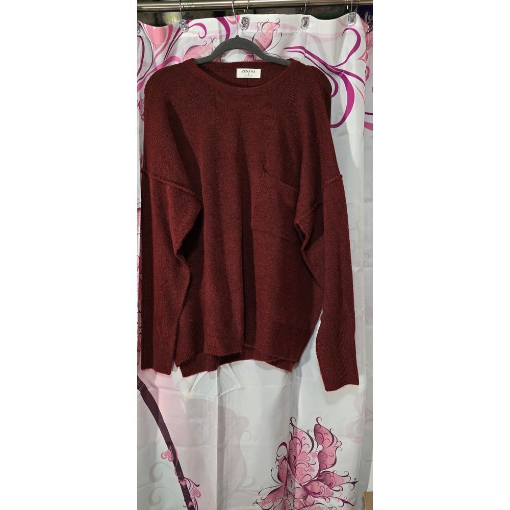 Zenana Small Burgundy Long Sleeve Knit Sweater W Back Detail Very Oversized